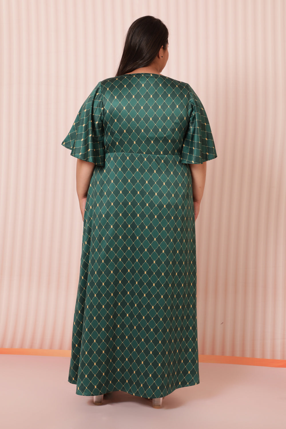Green Motifs Satin Knot Dress