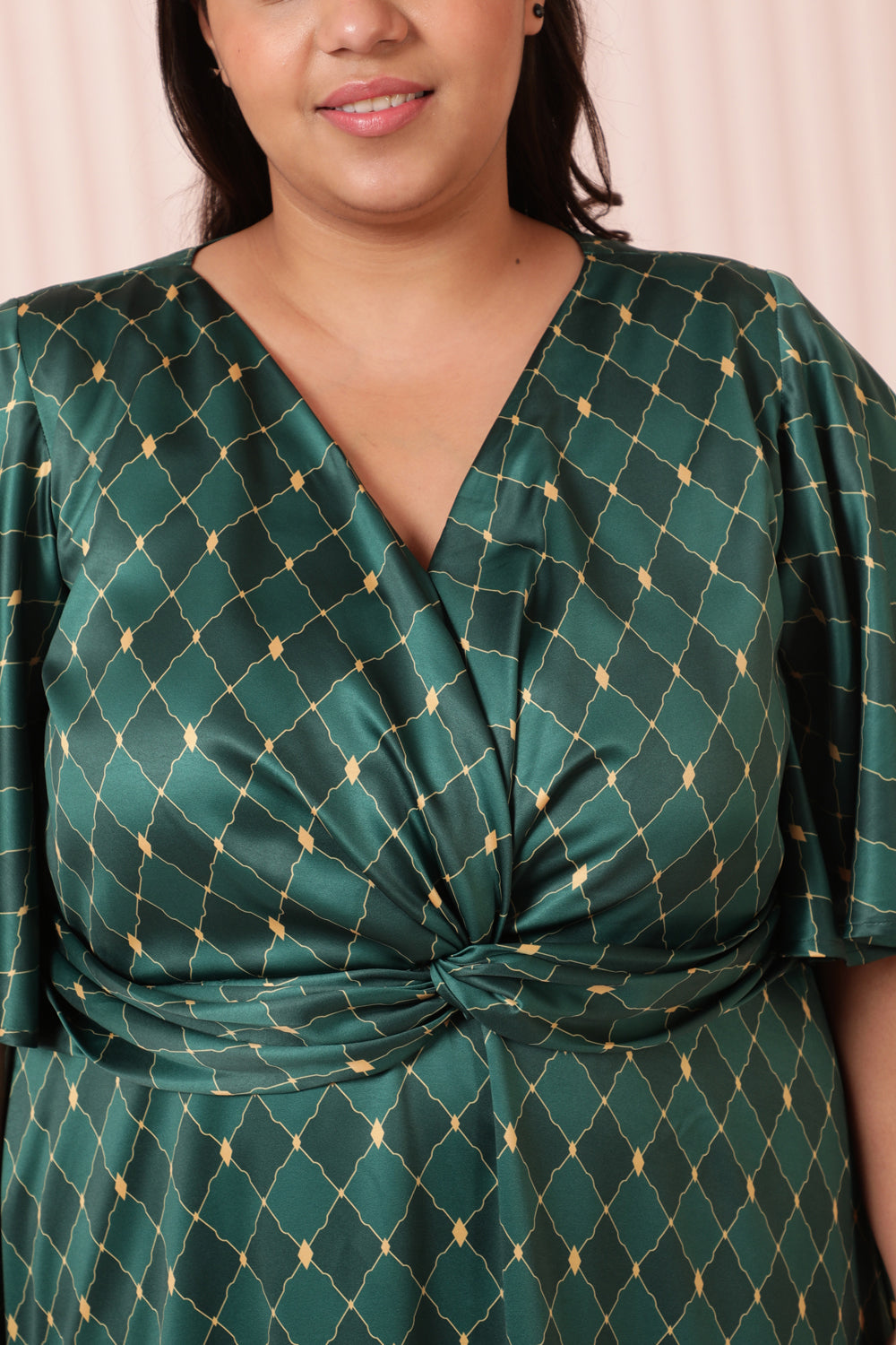 Green Motifs Satin Knot Dress