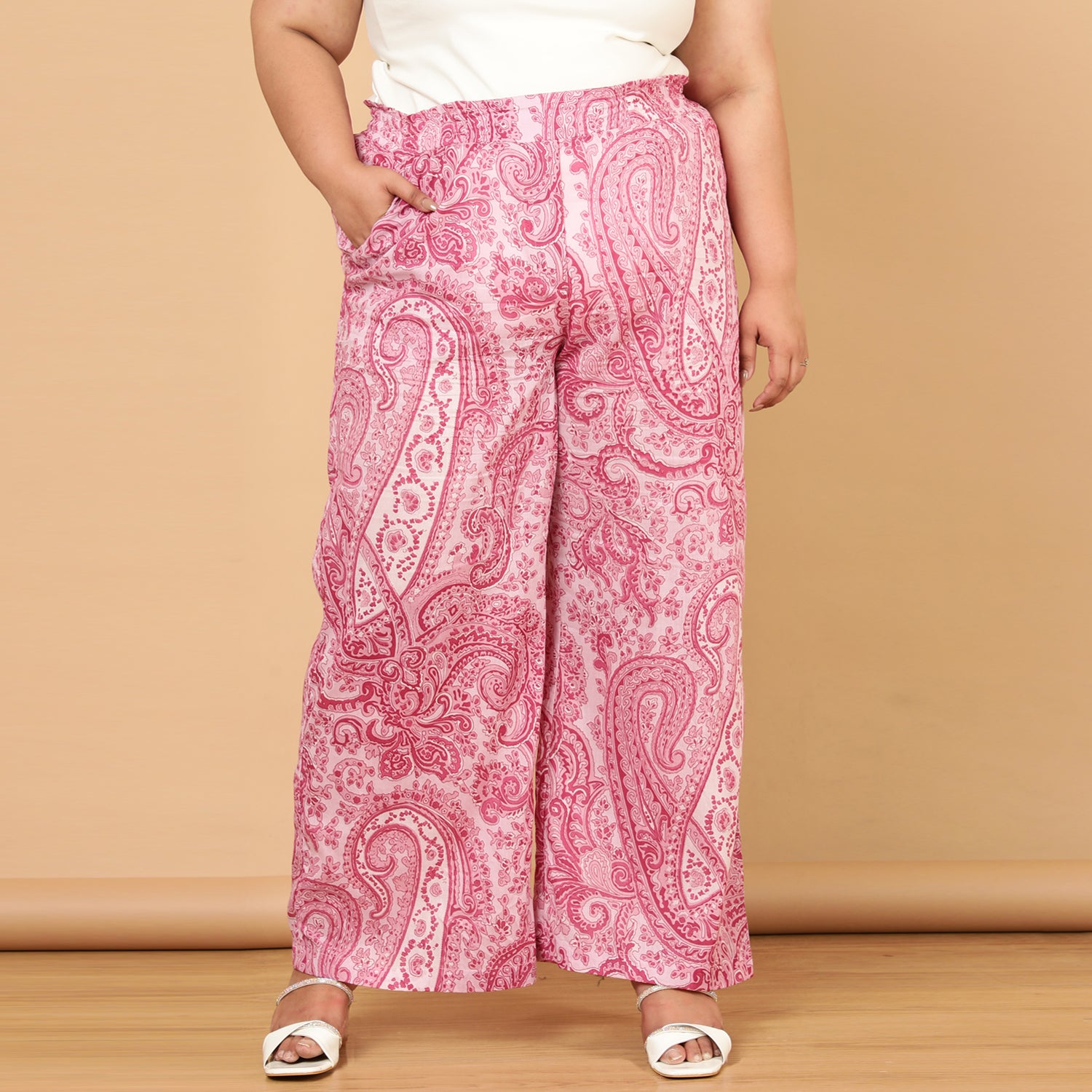 Pink Paisley Print Cotton High Waist Pants