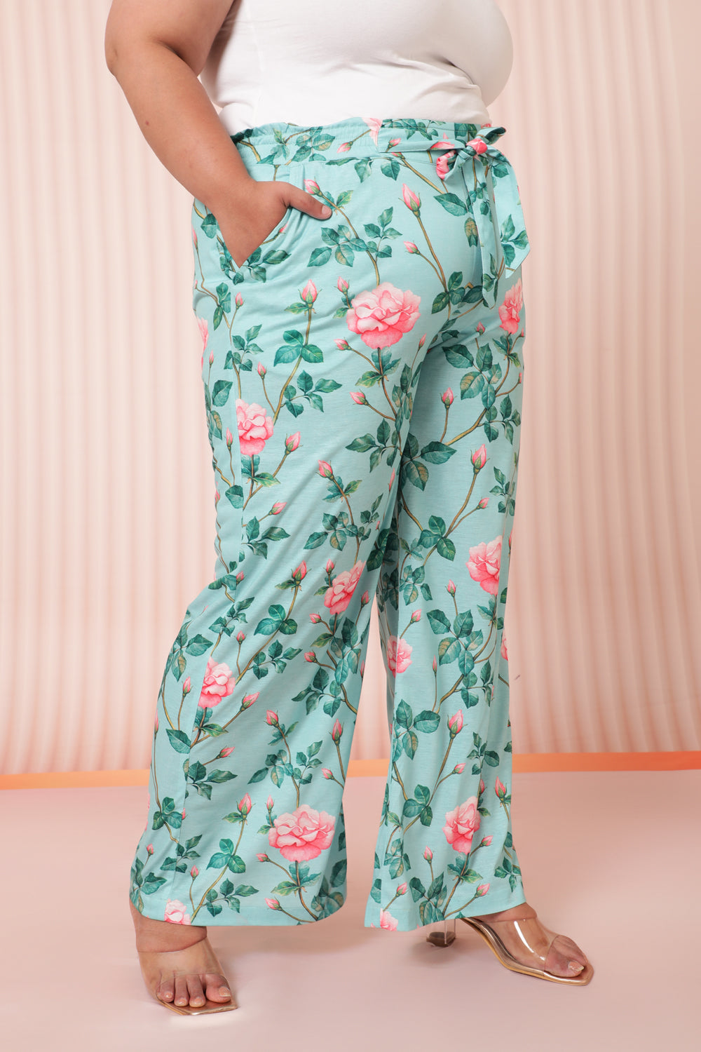 Green Floral High Waist Pants for Women