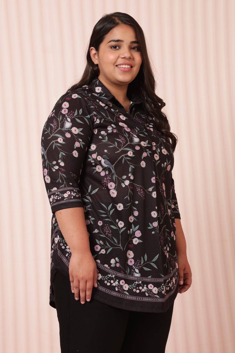 Plus Size Black Floral Luxe Centre Pleat Top