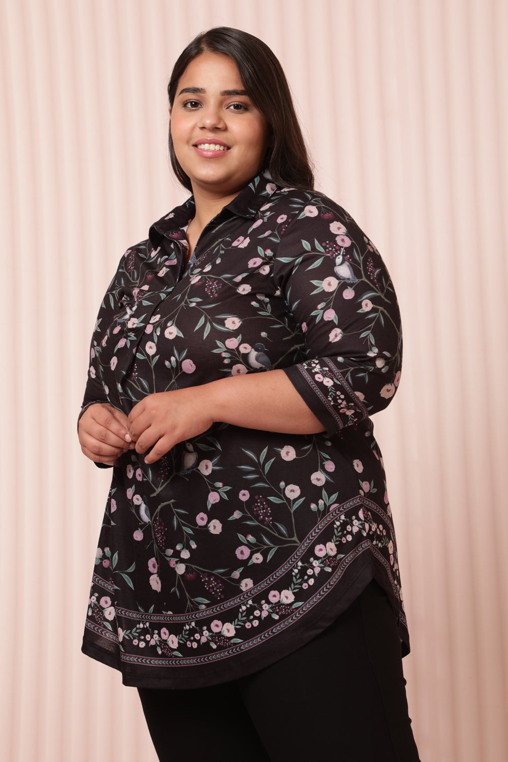 Black Floral Luxe Centre Pleat Top for Women