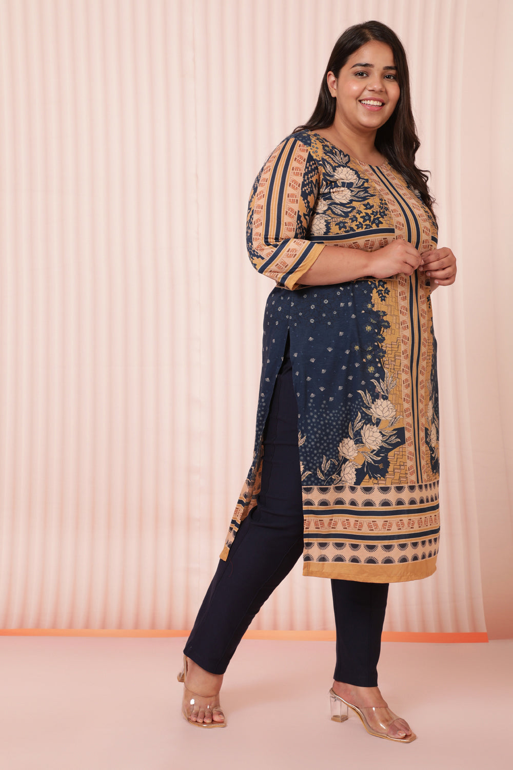 Plus Size Blue Mustard Printed Ethnic Kurta