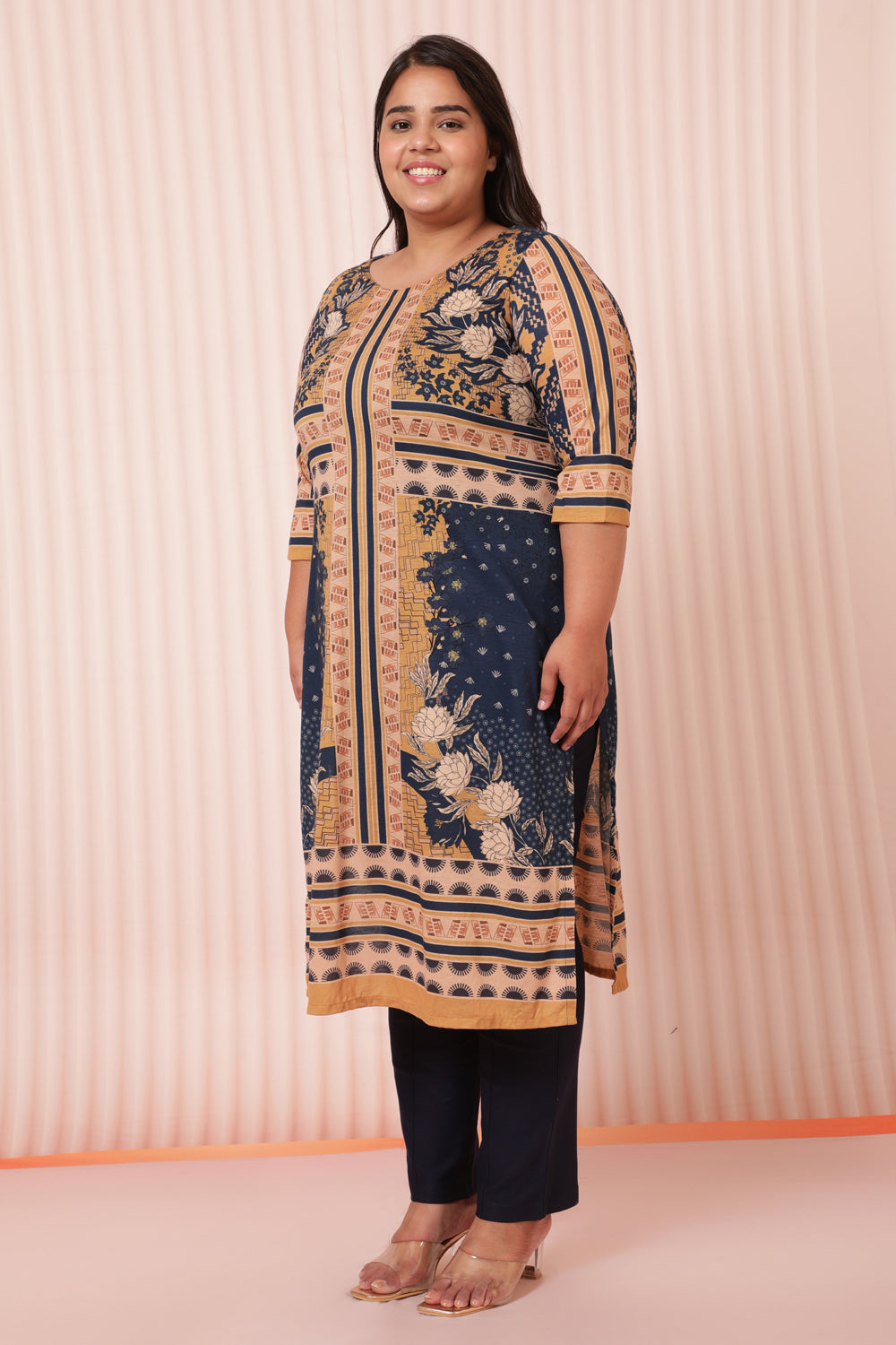 Blue Mustard Printed Ethnic Kurta for Women