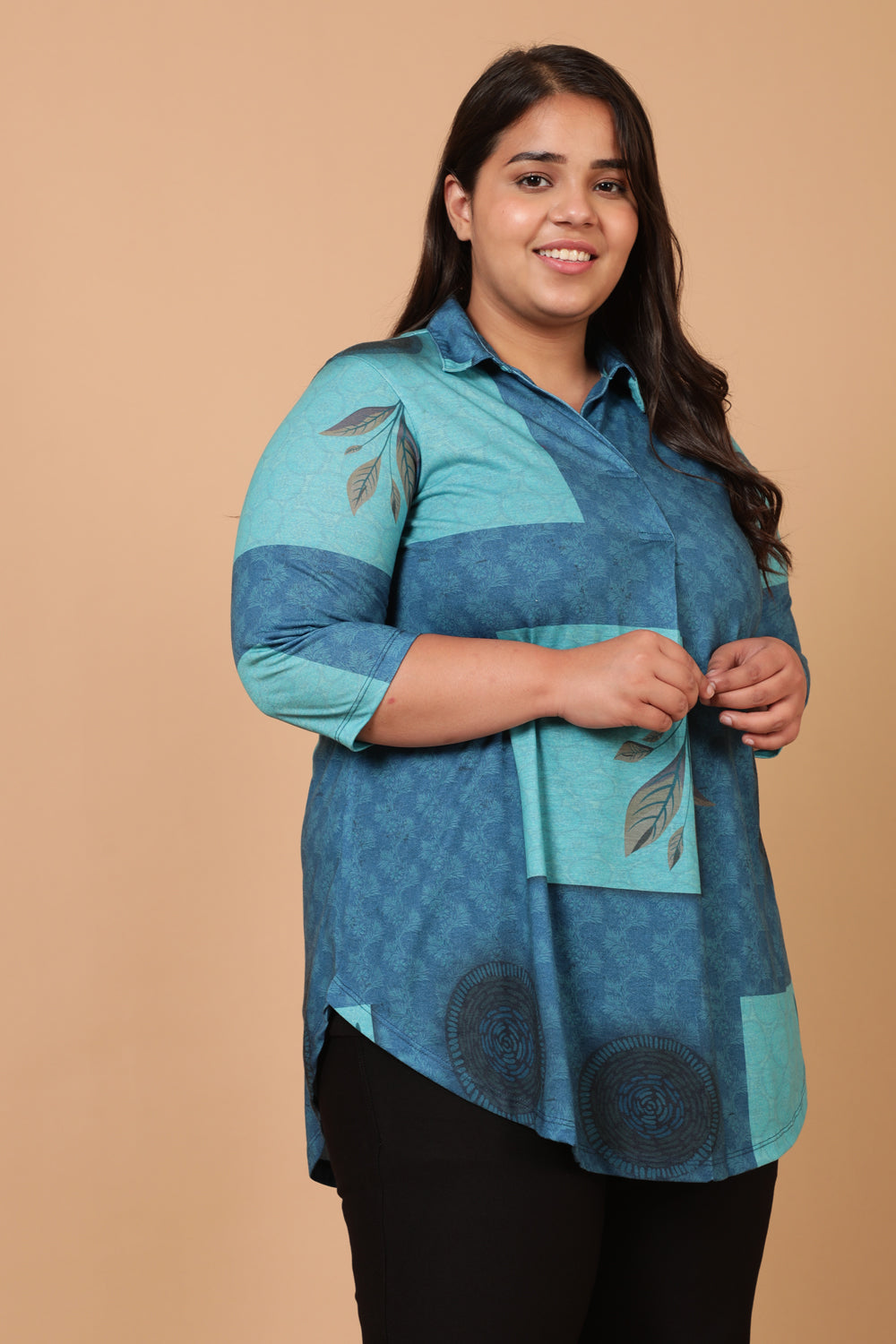 Plus Size Teal Blocks Centre Pleat Top