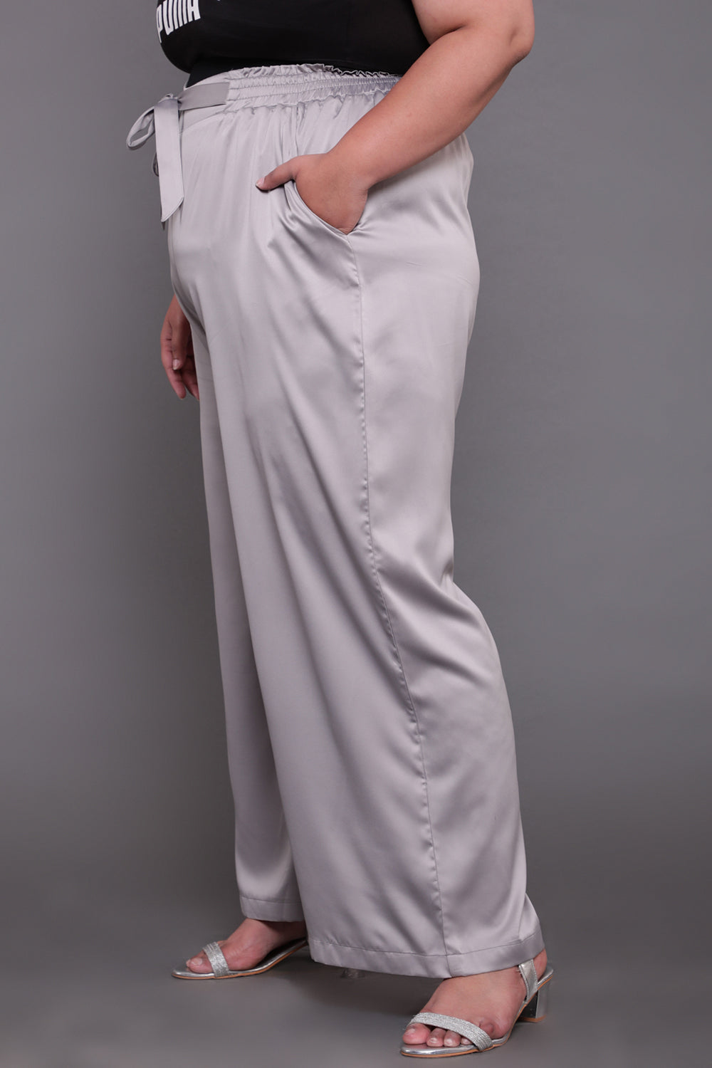 Grey Solid Satin High Waist Pants for Women