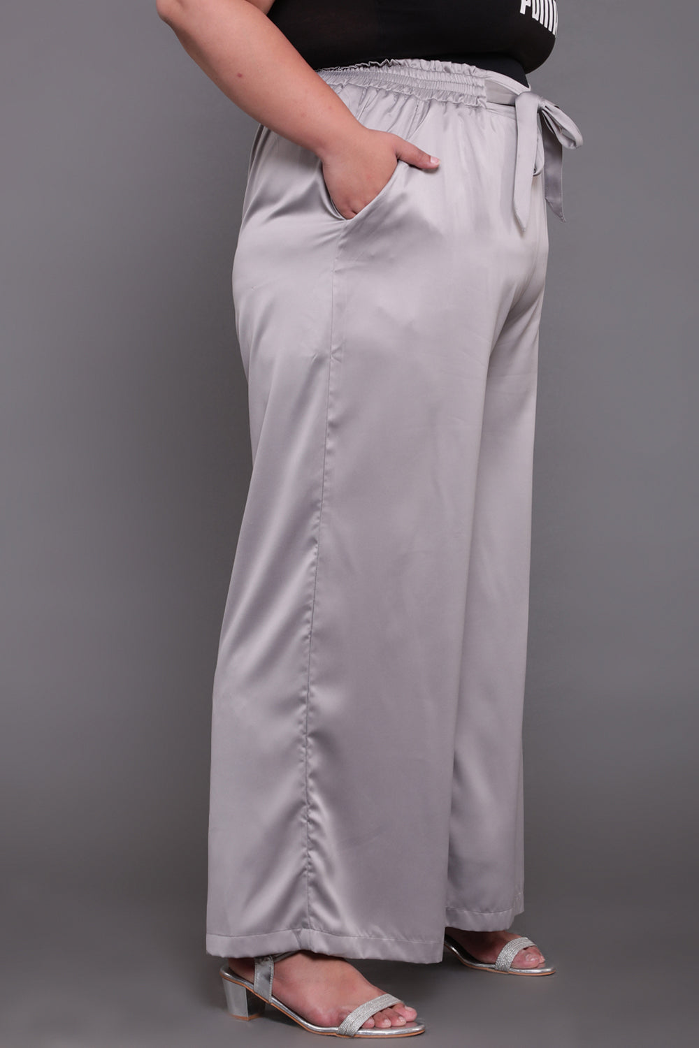 Comfortable Grey Solid Satin High Waist Pants