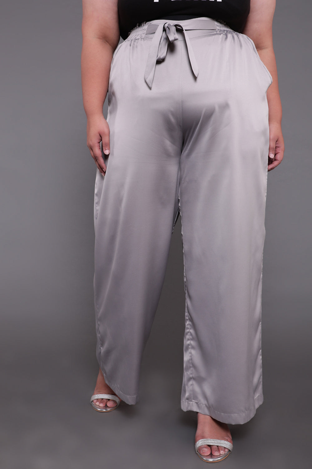 Buy Grey Solid Satin High Waist Pants