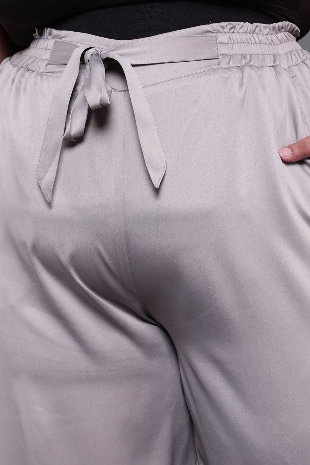 Plus Size Grey Solid Satin High Waist Pants