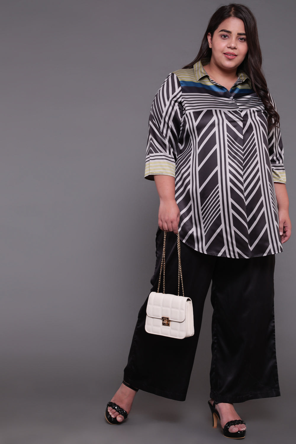 Monochrome Magic Centre Pleat Satin Top
