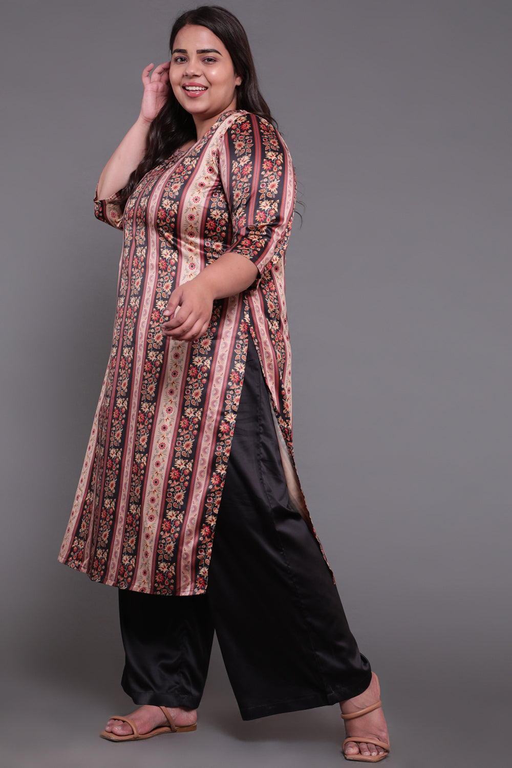 Beige Ethnic Printed Party Wear Kurti