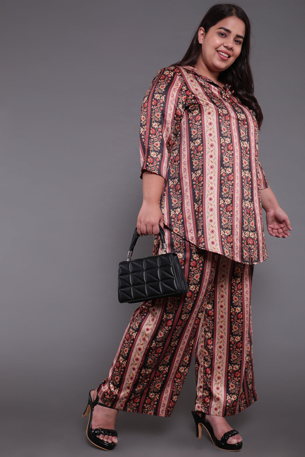 Beige Ethnic Print High Waist Satin Pants