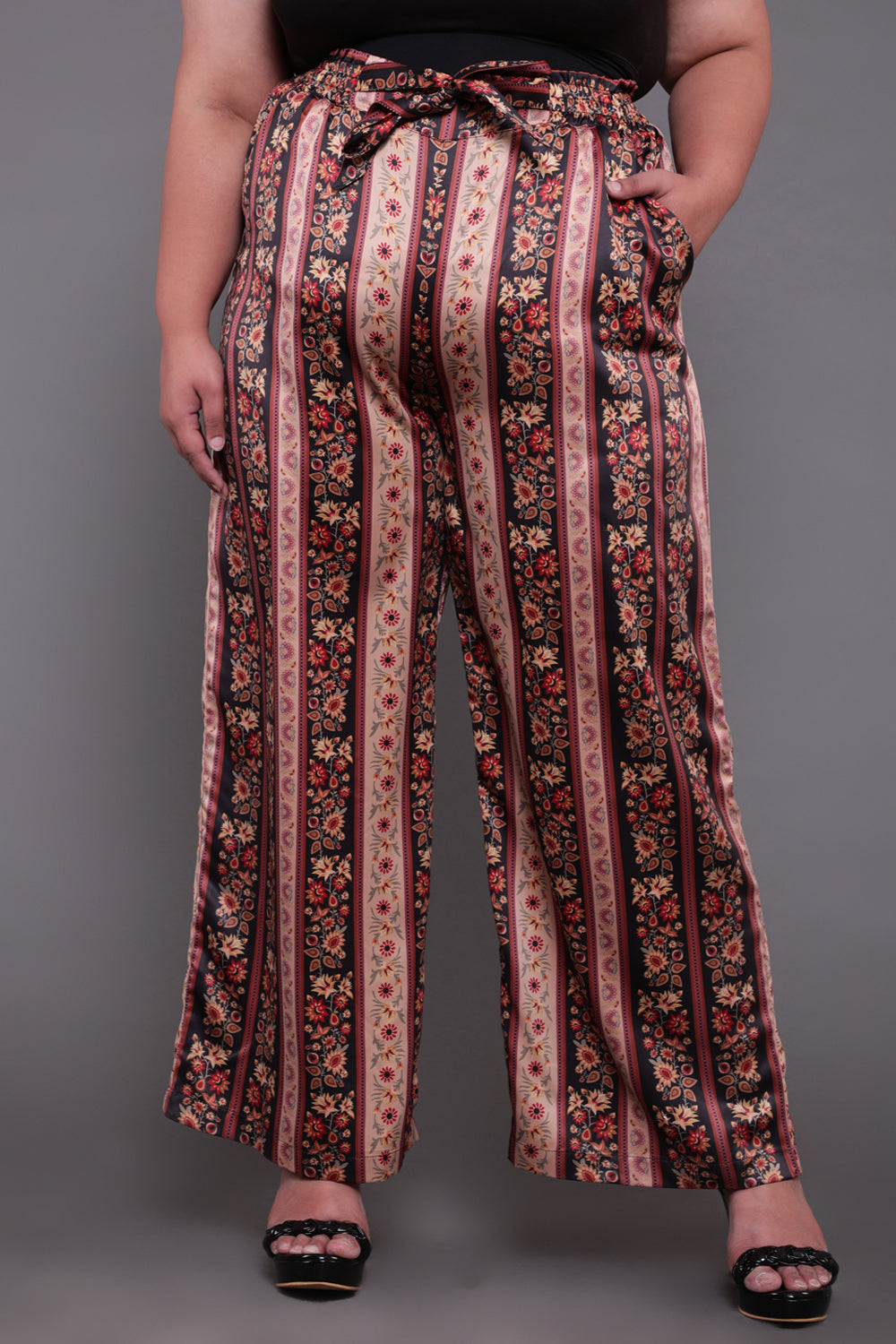 Plus Size Beige Ethnic Print High Waise Satin Pants Online in India