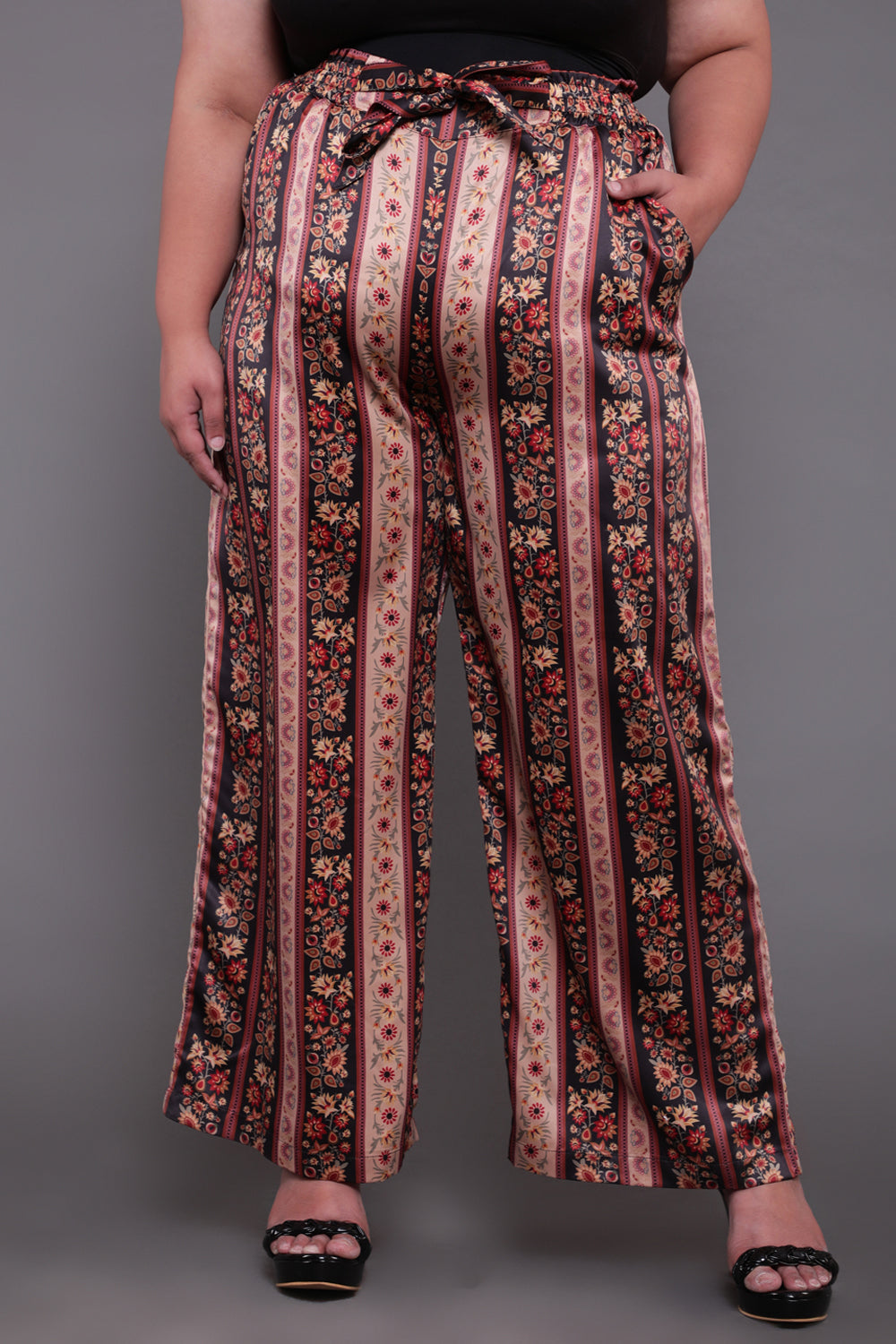 Beige Ethnic Print High Waist Satin Pants