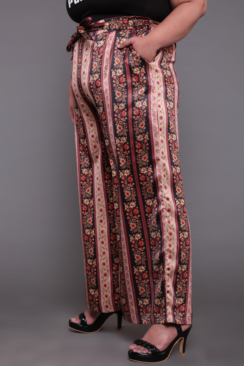Beige Ethnic Print High Waist Satin Pants