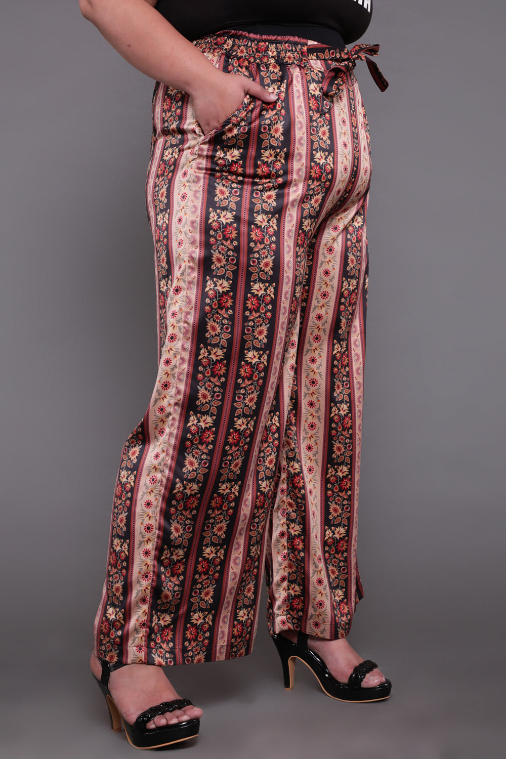 Beige Ethnic Print High Waist Satin Pants