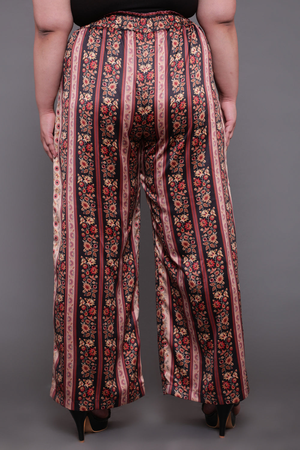 Beige Ethnic Print High Waist Satin Pants
