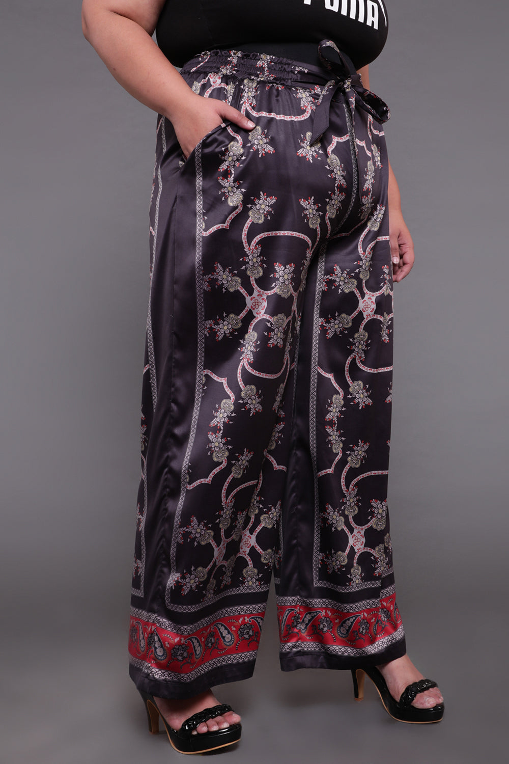 Black Baroque Border Print High Waist Satin Pants for Women