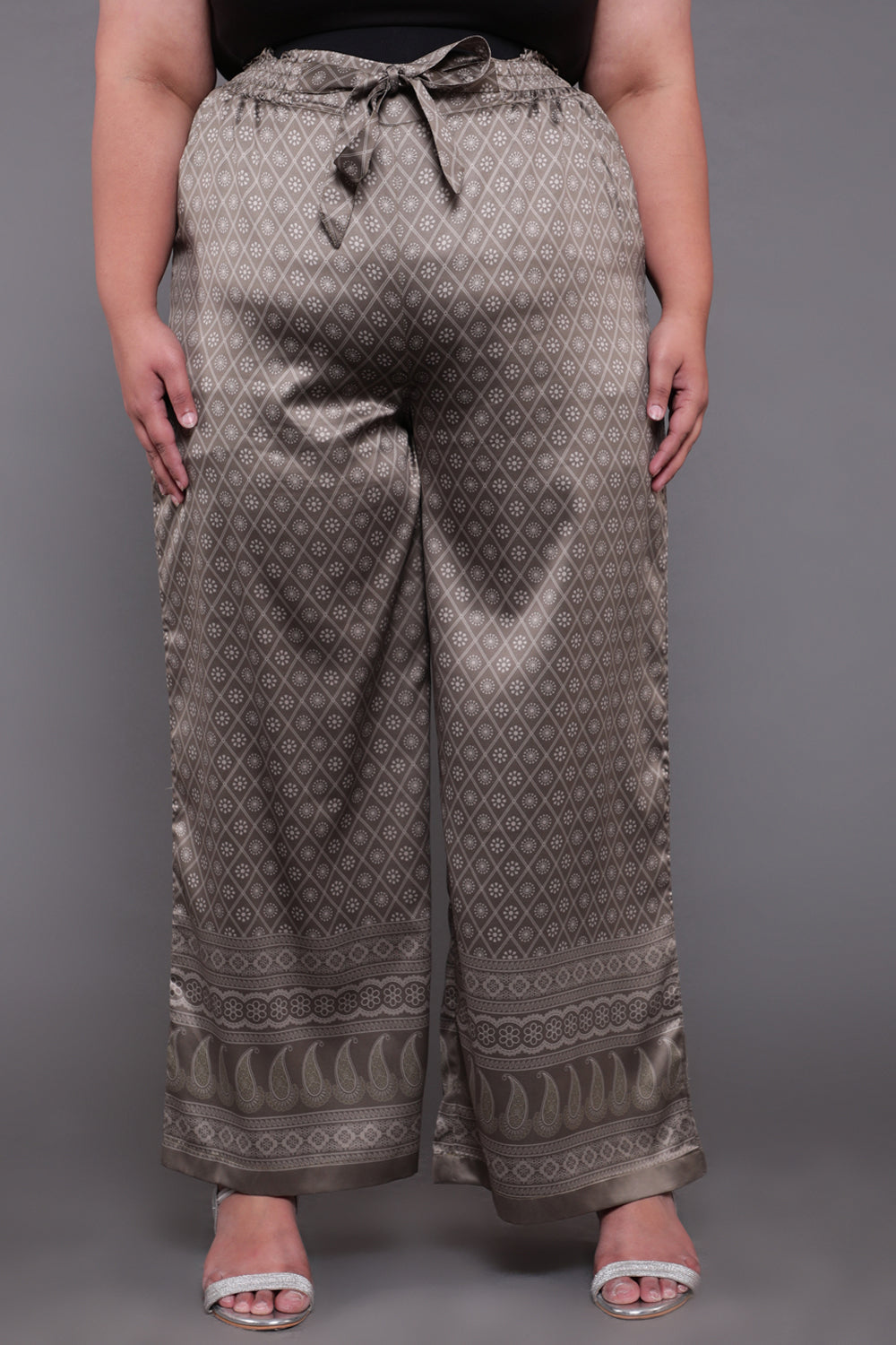 Luxe Green Ethnic Printed High Waist Satin Pants