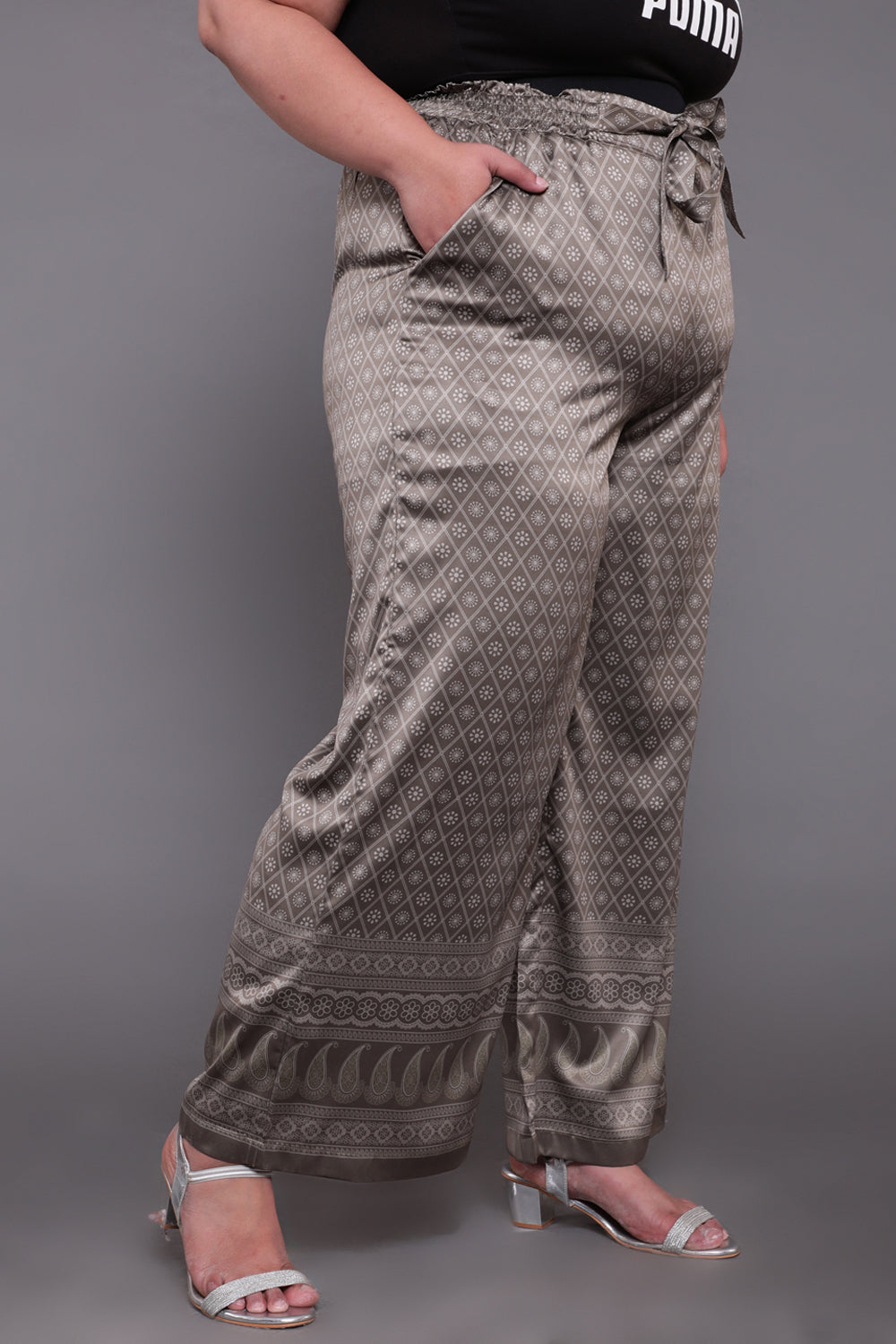 Luxe Green Ethnic Printed High Waist Satin Pants