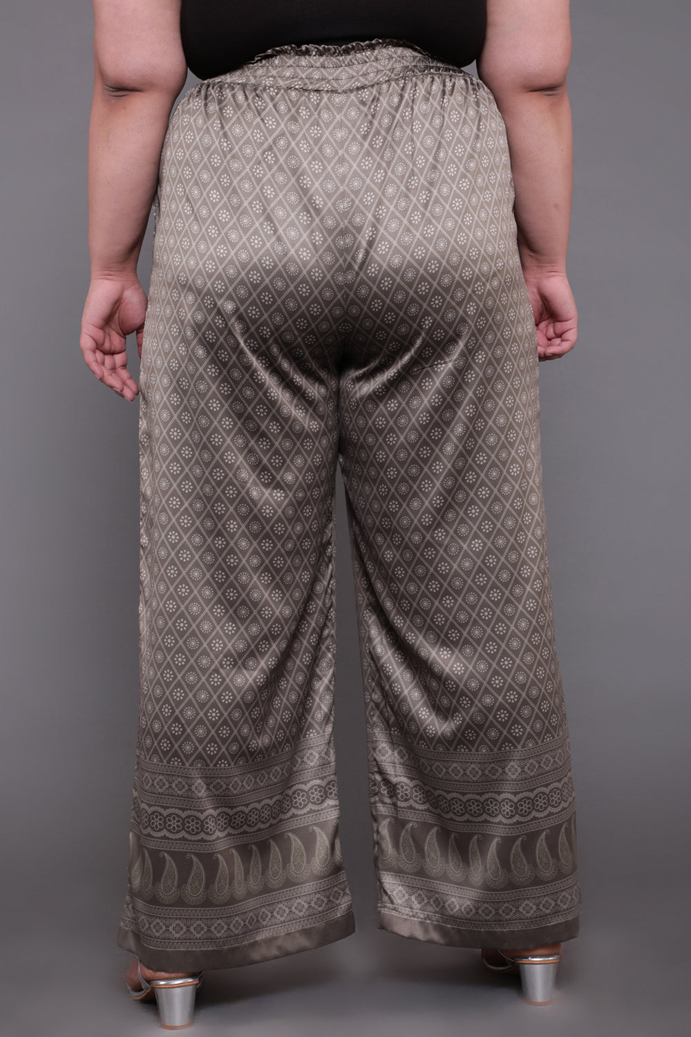Luxe Green Ethnic Printed High Waist Satin Pants