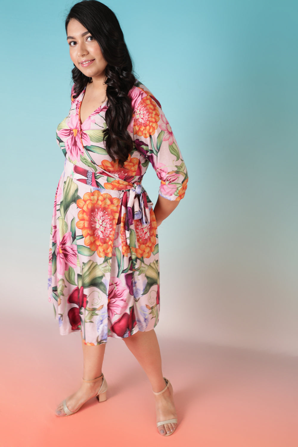 Plus Size Florals In Peaches Wrap Dress