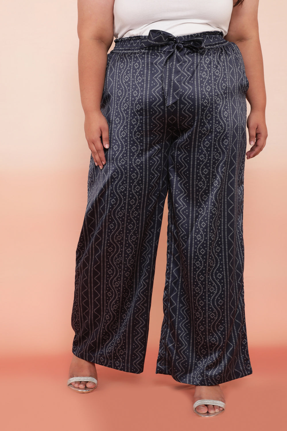 Navy Bandhej Inspired High Waist Satin Pants