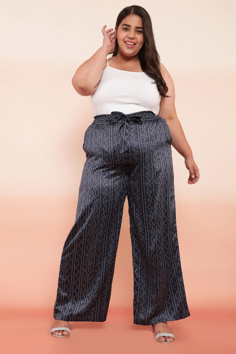 Navy Bandhej Inspired High Waist Satin Pants