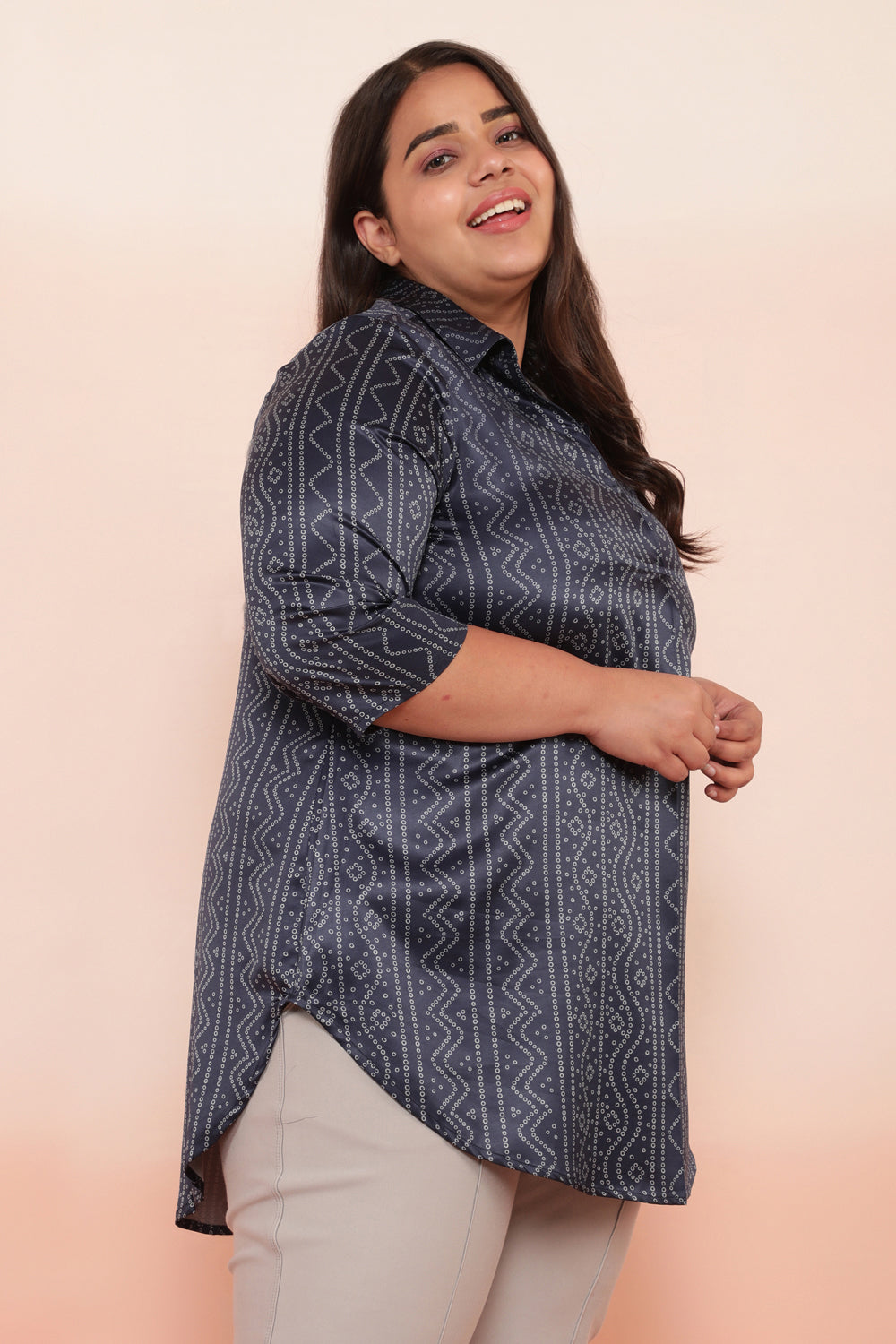 Plus Size Navy Bandhej Inspired Satin Printed Top