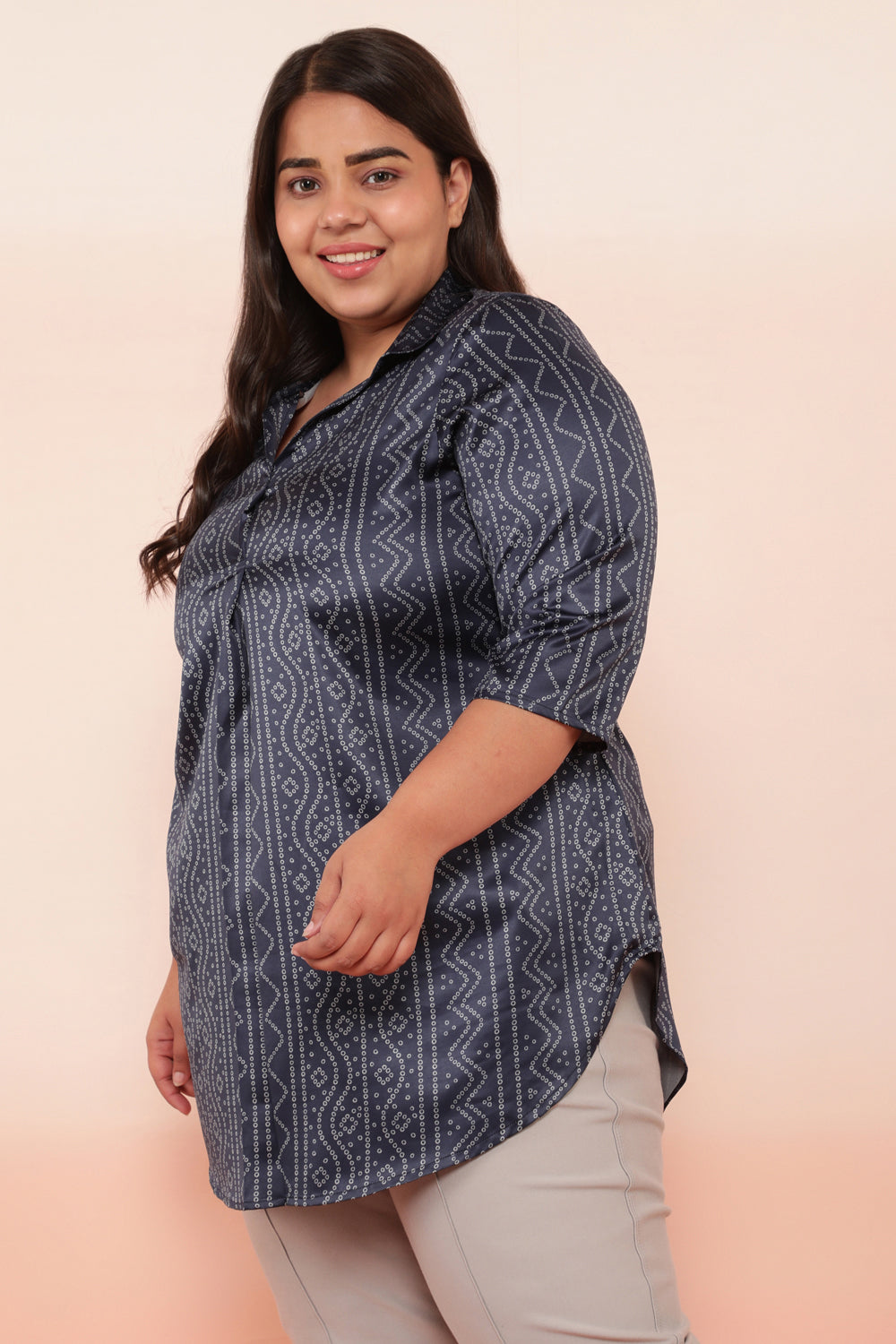 Navy Bandhej Inspired Satin Printed Top for Women