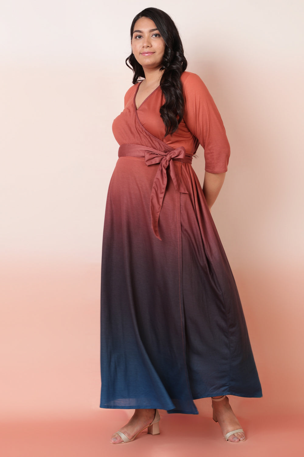 Rust Navy Ombre True Wrap Maxi Dress