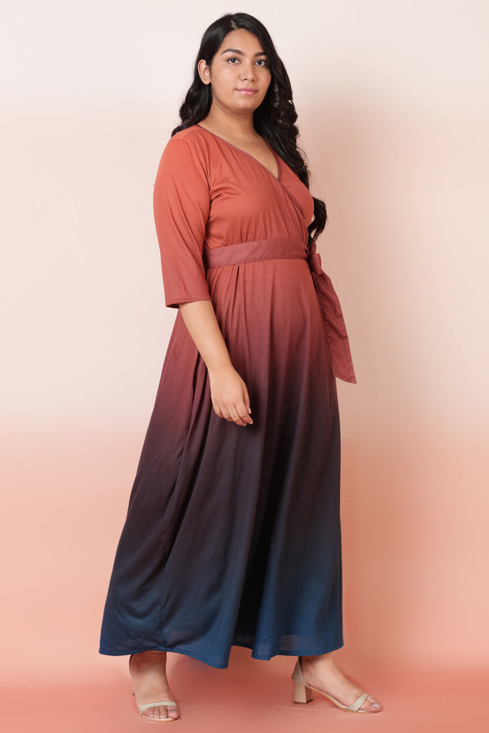 Rust Navy Ombre True Wrap Maxi Dress
