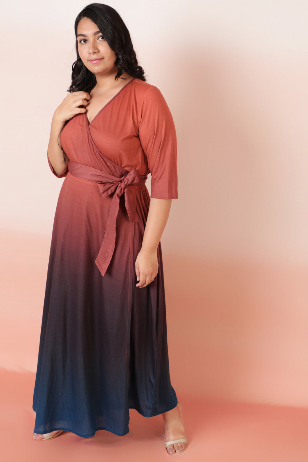 Rust Navy Ombre Maxi Wrap Dress