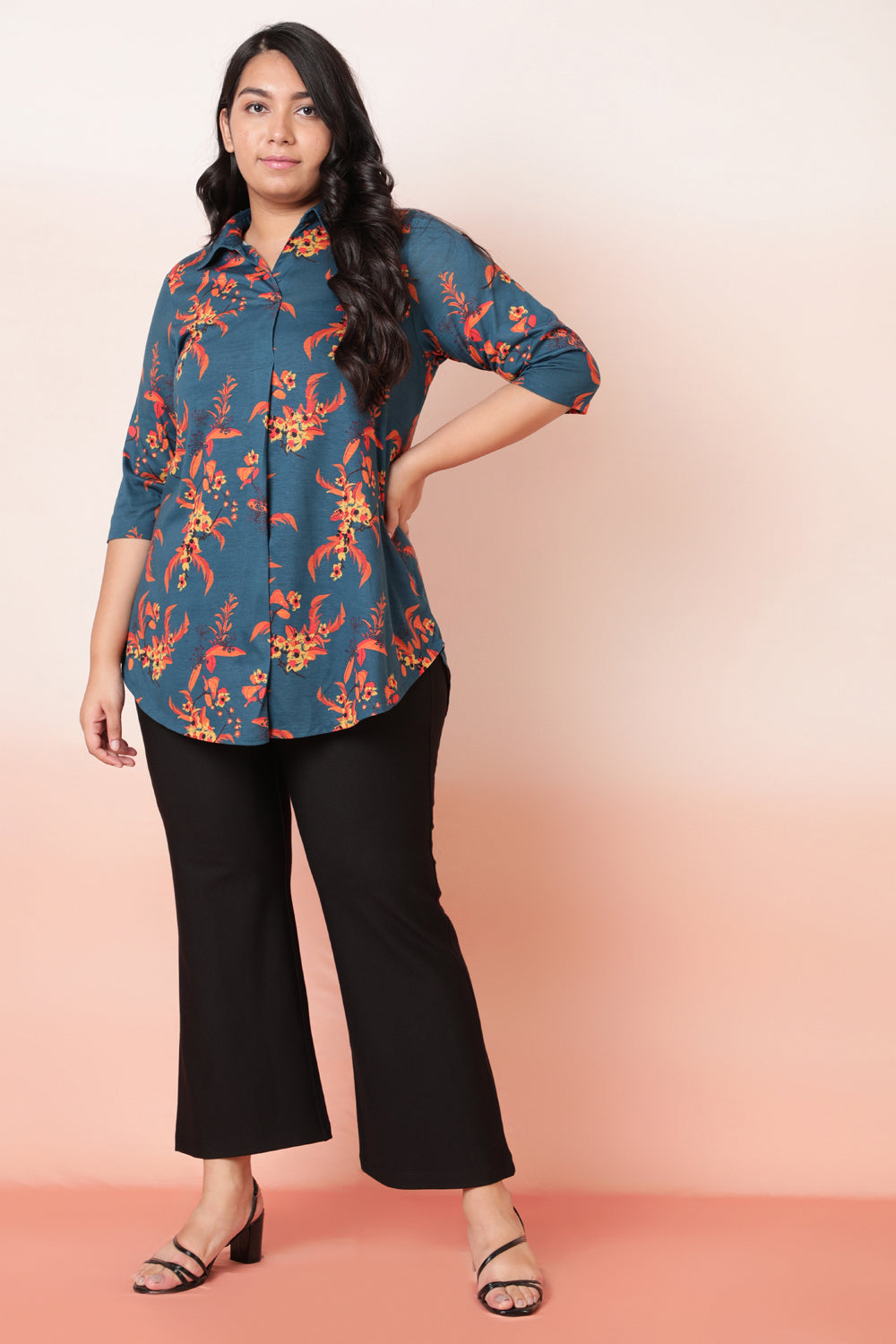 Teal Red Floral Centre Pleat Top