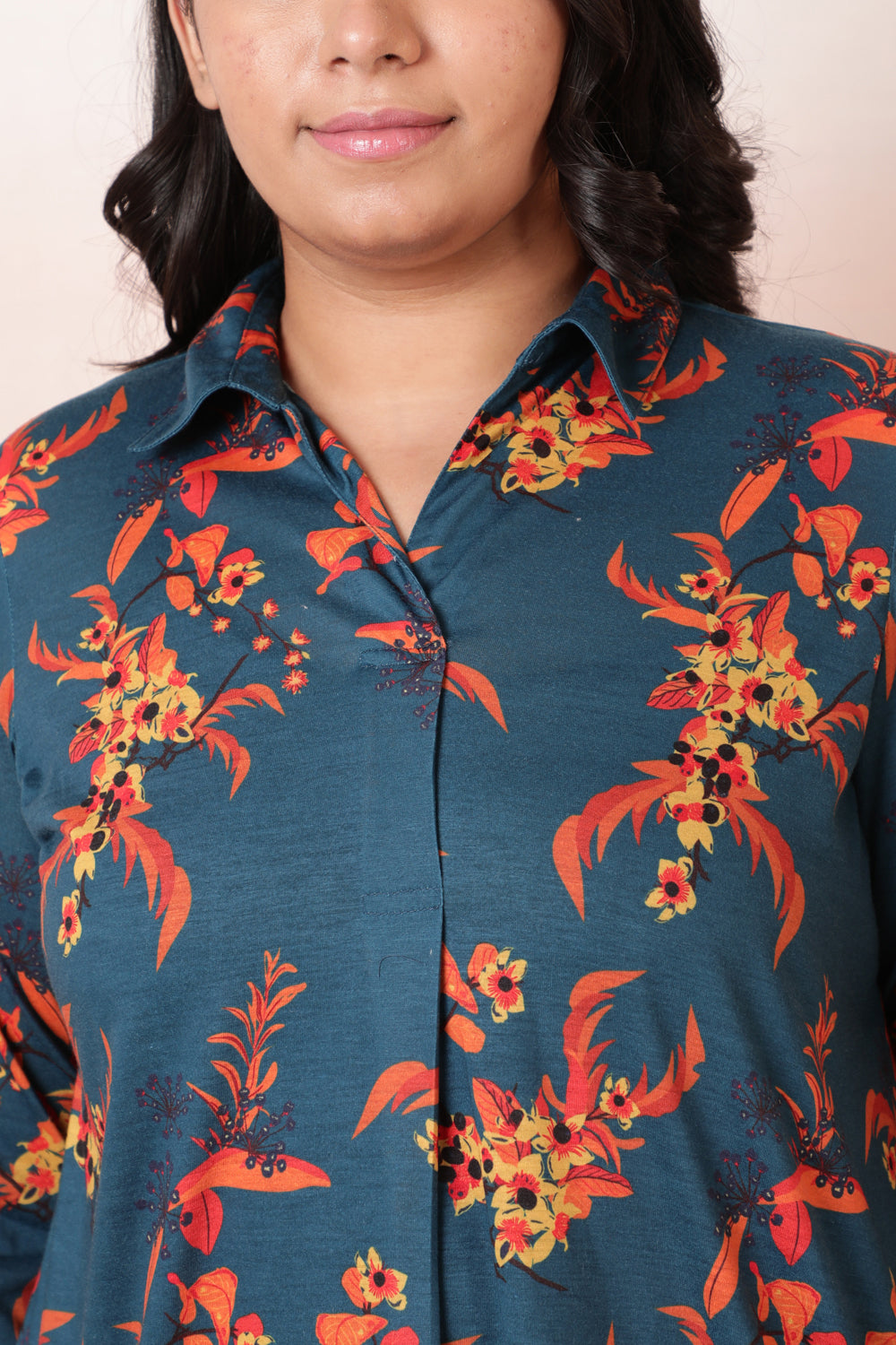 Plus Size Teal Red Floral Centre Pleat Top