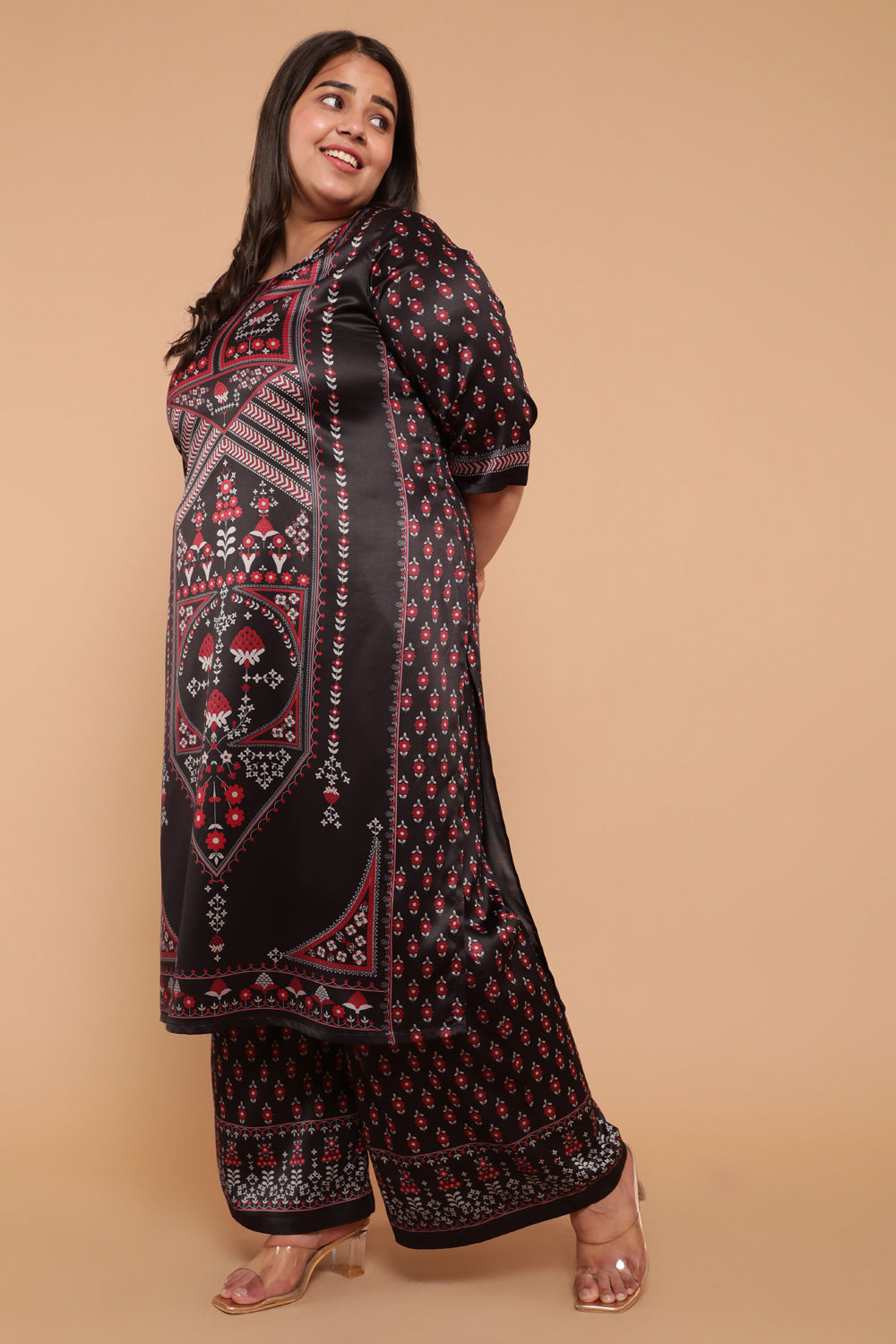 Plus Size Black Centre Panel Print Party Wear Kurti