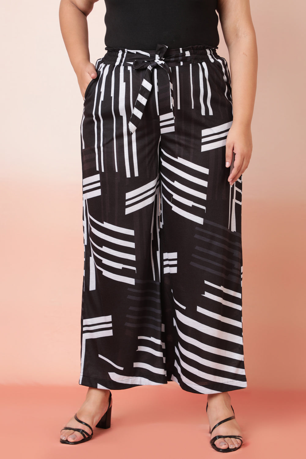 Plus Size Monochrome Black Printed High Waist Pants Online in
