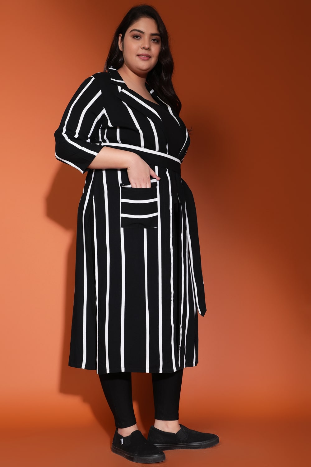 Plus Size Black White Stripe Duster