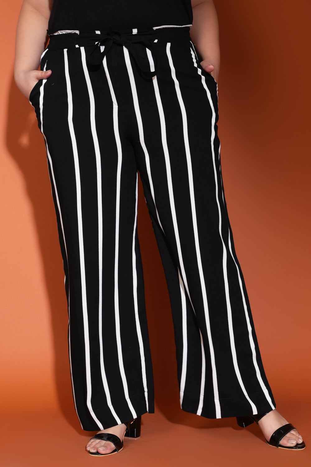 amydus black white striped tie detailed plus size rayon pant