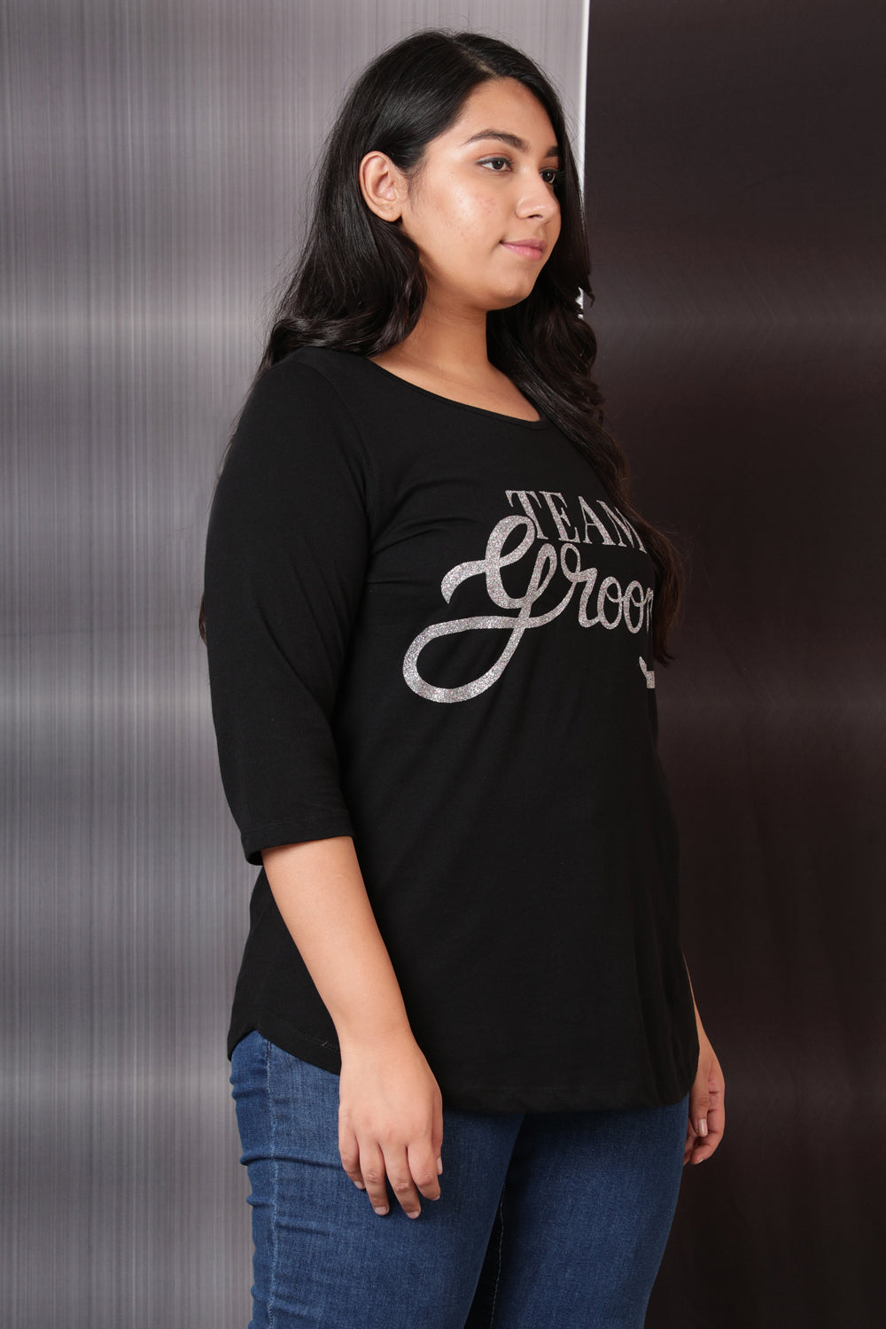 Team Groom Glitter Print Black Tshirt for Women
