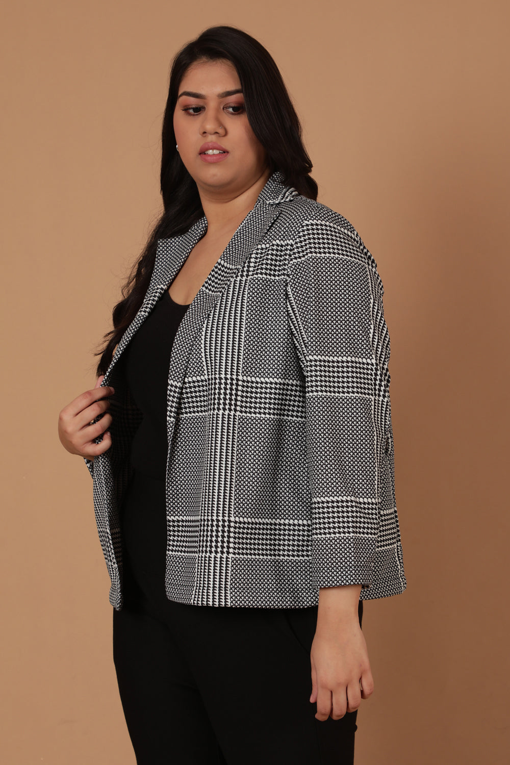 Plus Size Black White Houndstooth Checkered Blazer