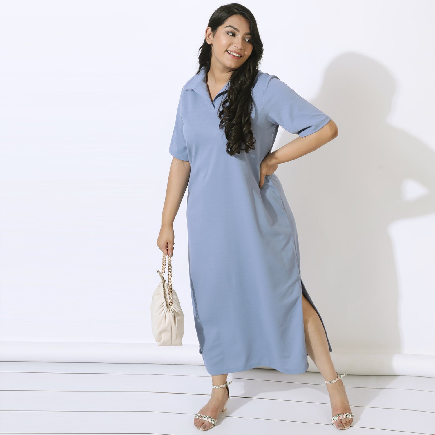 Plus Size Denim Blue Side Slit Long Dress
