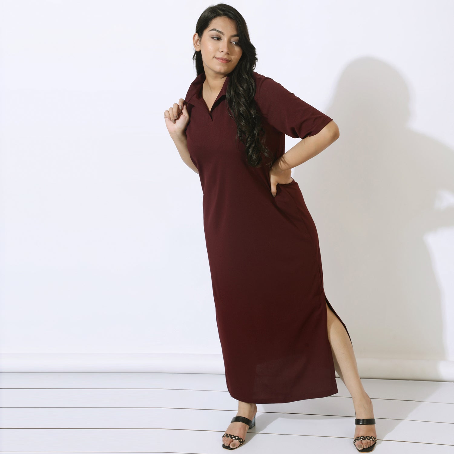 Wine Side Slit Long Dress