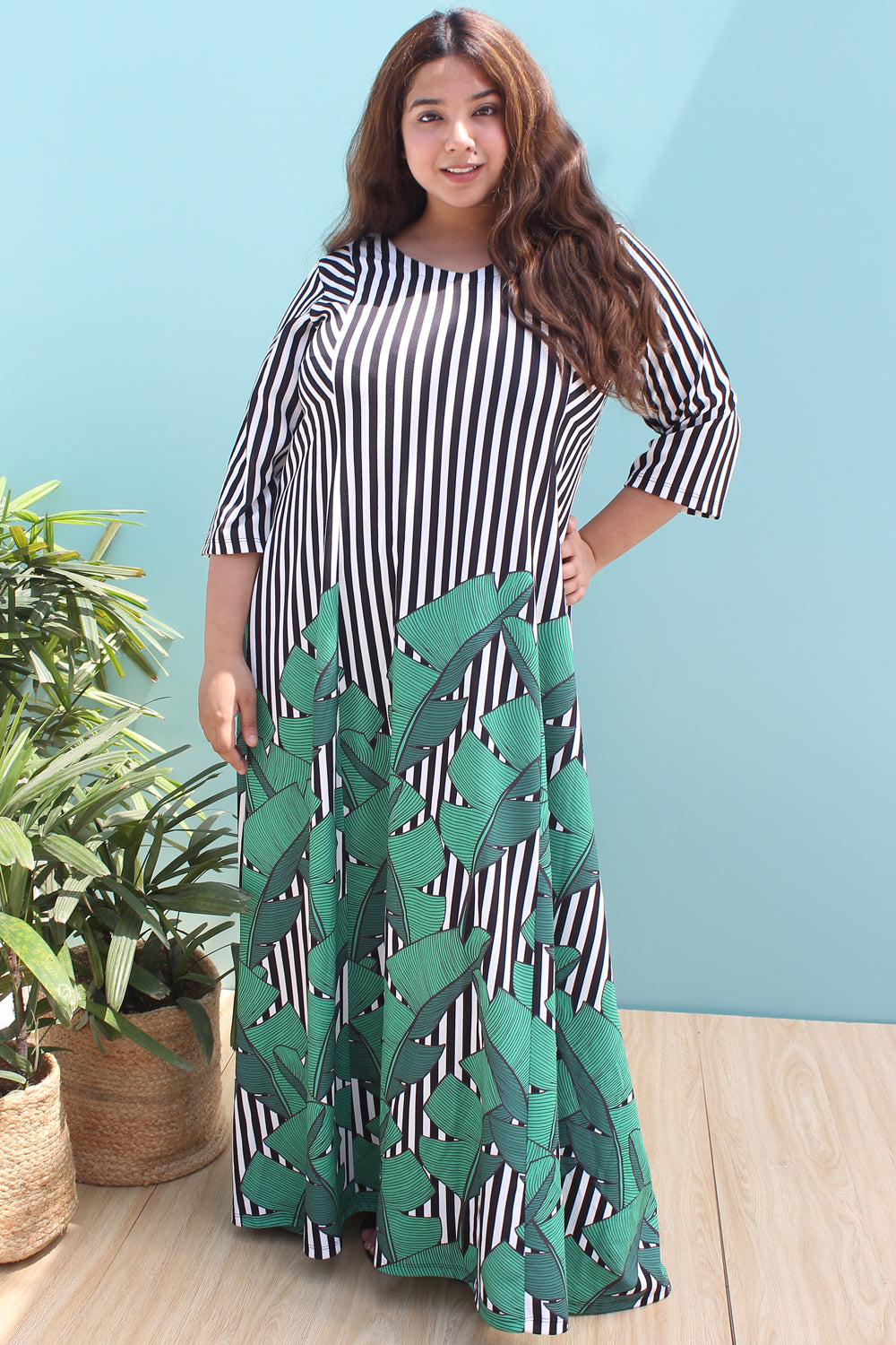 Comfortable Tropical Leaf Stripe Printed Maxi Dress