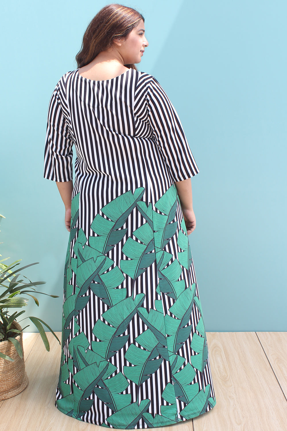 Tropical Leaf Stripe Printed Maxi Dress