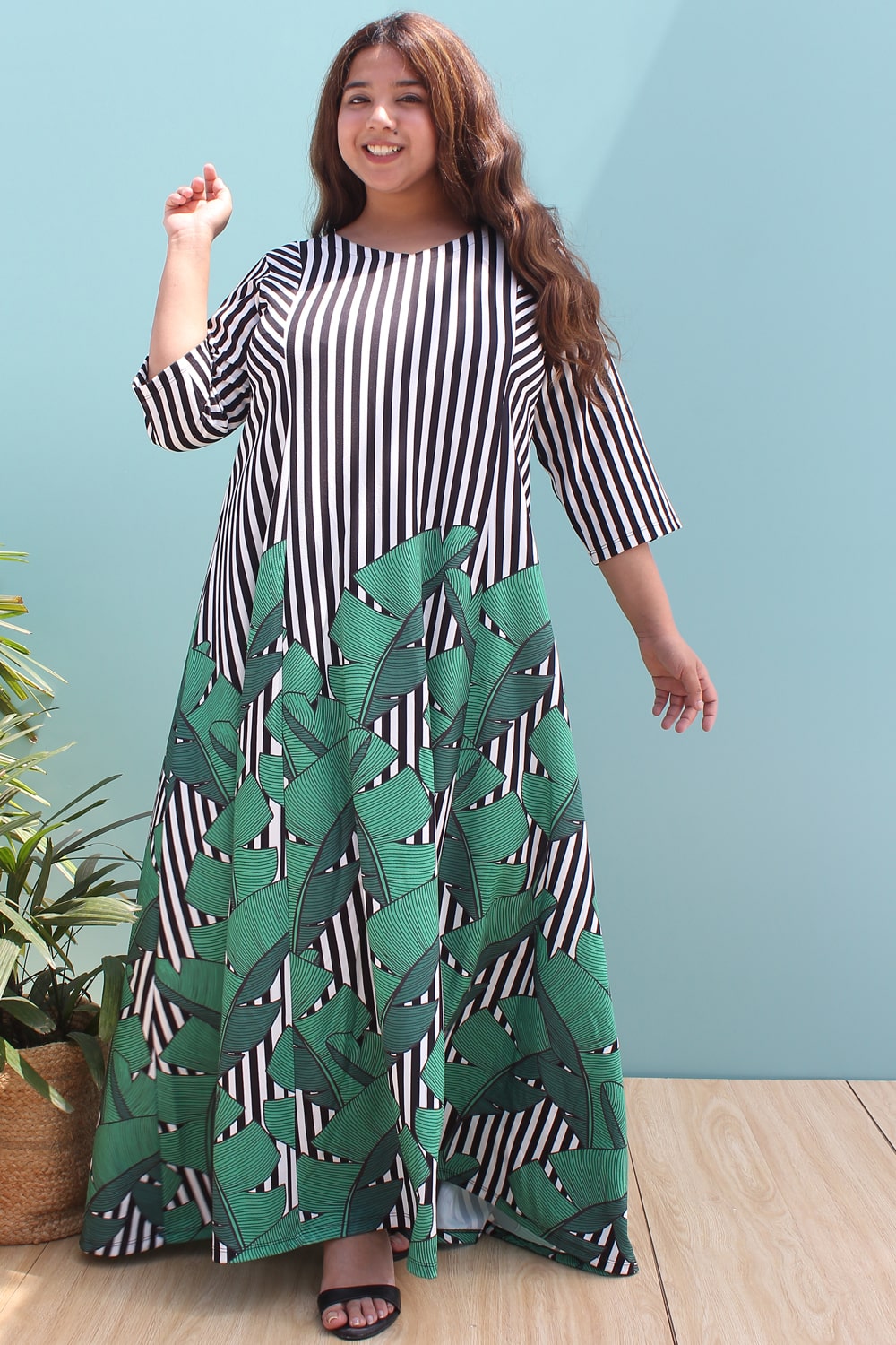 Tropical Leaf Stripe Printed Maxi Dress