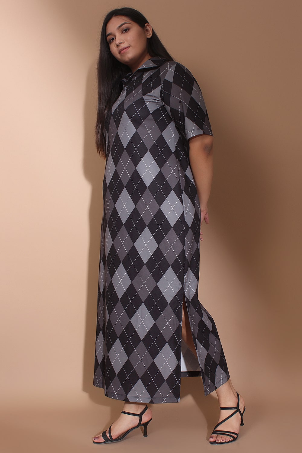 Black and Grey Argyle Side Slit Long Dress