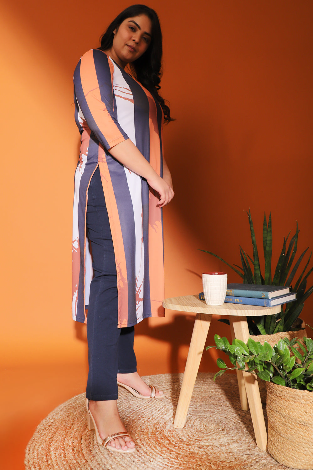 Tan Navy Stripe Printed Kurti