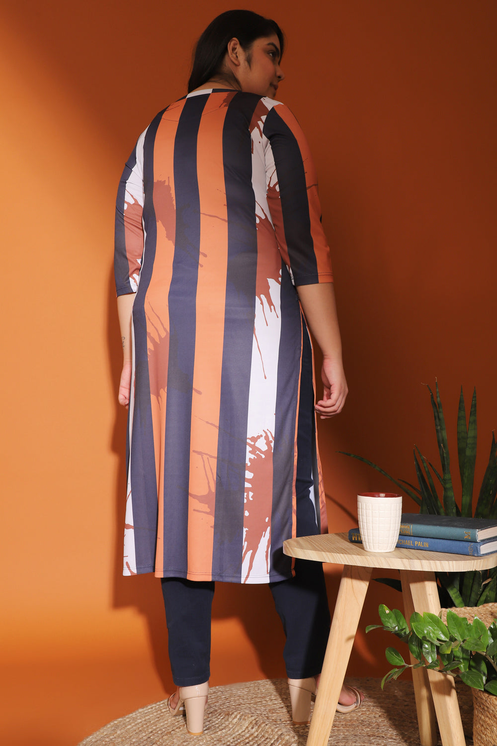 Comfortable Tan Navy Stripe Printed Kurti