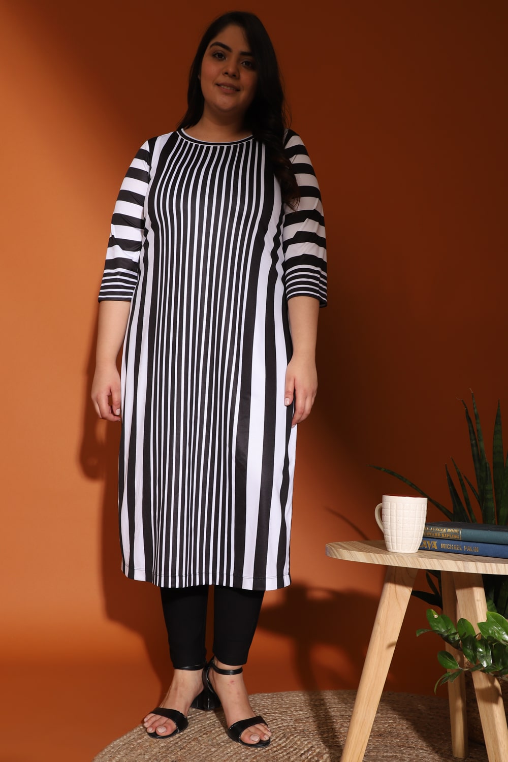 Black White Vertical Stripe Printed Kurti